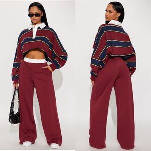 Striped Cropped Rugby Top & Wine Wide-Leg Pants Set